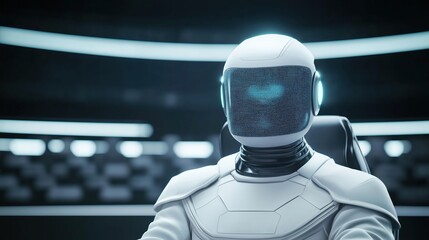 Poster - Futuristic courtroom scene featuring an AI judge in a high-tech setting with advanced design