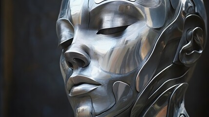 Poster - Futuristic Robotic Face Sculpture with Elegant Metallic Finish