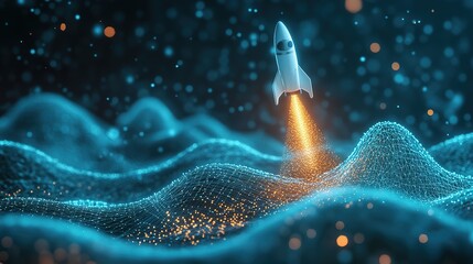 Poster - new project and startup concept with rocket flying up with dotted trajectory above light growth grap