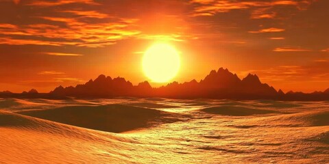 Aufkleber - A blazing orange sunset over a desert landscape, with the sun partially hidden behind dunes.