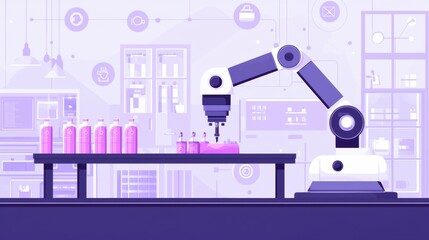 Poster - Robotic Arm Filling Bottles in Modern Laboratory with High-Tech Equipment and Clean Design for Automation and Industry Applications