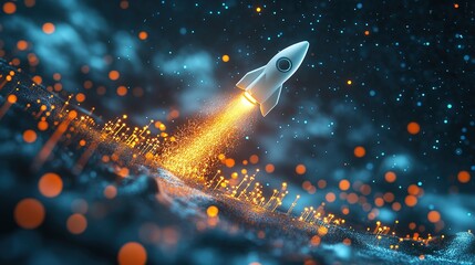 Poster - new project and startup concept with rocket flying up with dotted trajectory above light growth grap