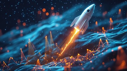 Poster - New project and Startup concept with rocket flying up with dotted trajectory above light growth graph on blue technology background. 3D rendering
