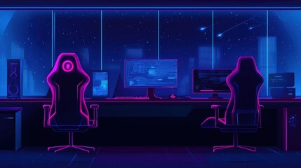 Poster - Futuristic Cyberpunk Gaming Setup with Neon Glow and Starry Night Sky in a Modern Workspace Environment