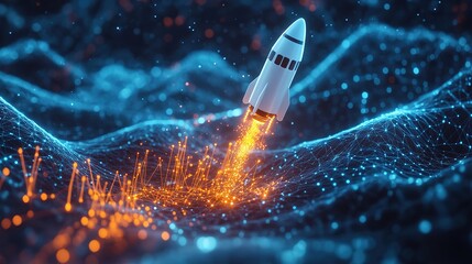 Poster - new project and startup concept with rocket flying up with dotted trajectory above light growth grap