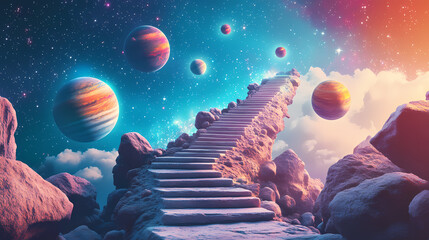 Wall Mural - surreal pathway to outer space with floating planets and starry sky. infinite cosmic stairway. illus