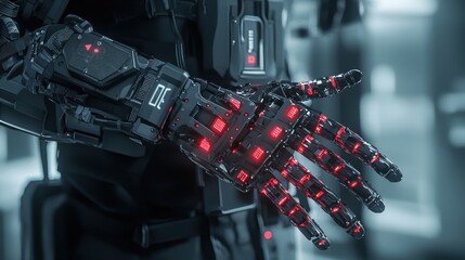 Poster - Futuristic Cybernetic Hand with Illuminated Red Elements Showcasing Advanced Robotics and Technology in a Modern Setting