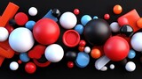Bright and colorful abstract composition of various geometric shapes and spheres arranged on a black background showcasing a playful artistic design