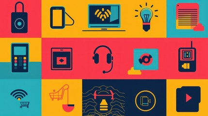 Poster - A bold icon collection emphasizing pandemic-related changes like remote work and contactless payment systems.