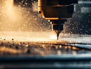 Poster - Focused Laser Cutting Machine in Action with Sparks and Dust