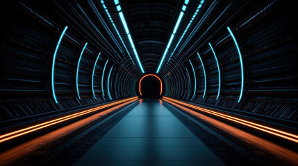 Fototapete - futuristic tunnel with glowing blue and orange lights, leading to dark exit. sleek design and vibrant colors create sense of depth and mystery