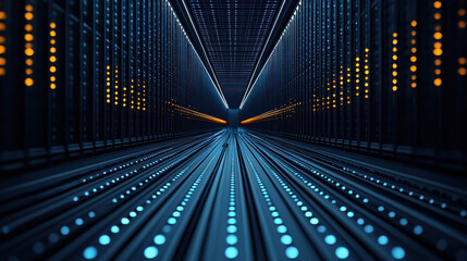 Fototapete - futuristic tunnel with glowing blue and orange lights creates mesmerizing visual effect, evoking sense of speed and technology
