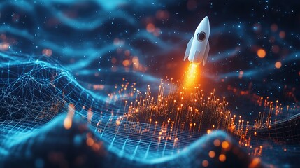 Poster - new project and startup concept with rocket flying up with dotted trajectory above light growth grap