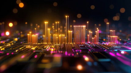 Fototapete - Futuristic digital landscape with vibrant neon lights and circuit patterns, showcasing blend of technology and art. glowing lines create mesmerizing visual effect