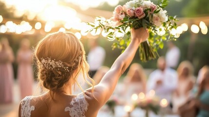 Poster - A bride tossing her wedding bouquet to the single guests during the reception.