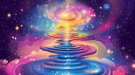 Wall Mural - a mesmerizing image of a stairway ascending into a swirling cosmic vortex, surrounded by stars and g