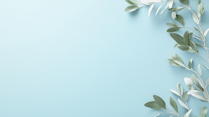 Poster - Greenery Arrangement on Soft Blue Background, Fresh Leaves on Vibrant Surface, Nature Decor for Home, Invitations, and Design Projects