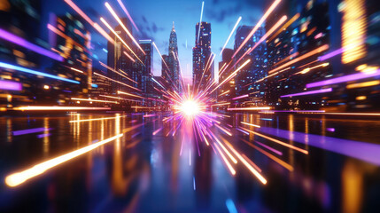 Fototapete - Futuristic city skyline with vibrant light trails and reflections. dynamic scene captures essence of urban energy and innovation, showcasing blend of technology and architecture