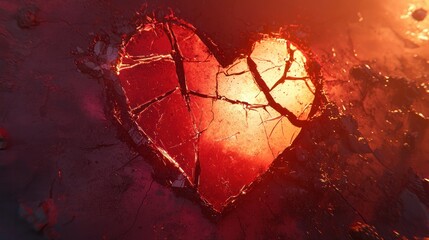 Poster - A broken 3D heart design with cracks and dramatic lighting for emotional themes.