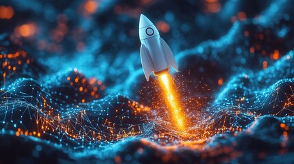 Poster - New project and Startup concept with rocket flying up with dotted trajectory above light growth graph on blue technology background. 3D rendering