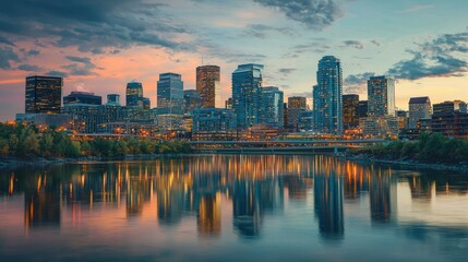 Poster - A bustling urban skyline illuminated by the golden glow of sunset, with reflections in glass buildings.