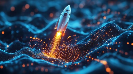Poster - new project and startup concept with rocket flying up with dotted trajectory above light growth grap