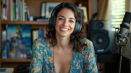 Poster - A casual podcast host in a home setup, wearing headphones and smiling at the camera.