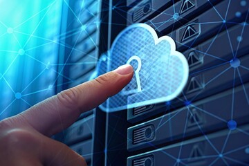 Poster - innovative computer technologies. innovative internet technologies. innovative computer technology. Security of cloud computing and server with hand one finger states.