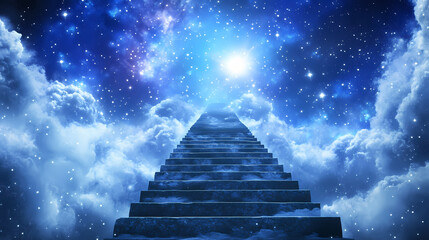 dreamlike stairway leads up towards a bright starry cosmos. infinite cosmic stairway. illustration