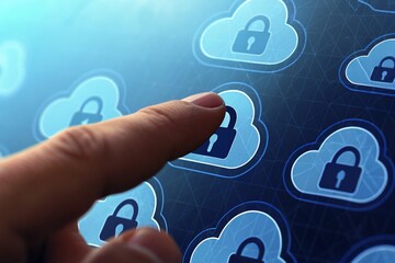 Poster - cloud computing concept. hand with lock. hand with lock and key. Secure Cloud Computing & Data Encryption – Cybersecurity Concept Illustration