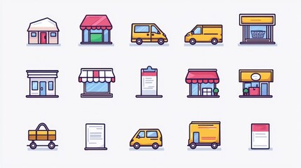 Aufkleber - A charming vector icon set focused on small business essentials, like storefronts, delivery vans, and invoices.