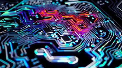 Poster - Neon pathways illuminate microchip architecture. Vivid pink and blue traces flow across black silicon surface. Cinematic tilt movement