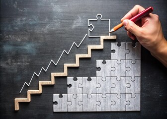 Poster - businessman drawing graph. businessman drawing graph on blackboard. Growth Strategy Concept Steps-Shaped Jigsaw Puzzle with Upward Arrow on Black Background
