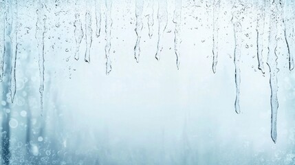 Poster - Beautiful icicles dangling from frosty glass creating a stunning winter background with shimmering droplets and soft blue light effects