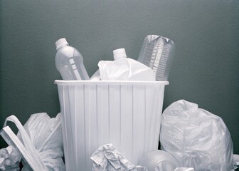 Poster - Plastic waste concept in dustbin on dark background. trash bin with paper. trash can with crumpled paper