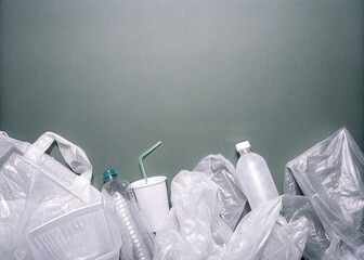 Poster - Environmental Waste Concept Plastic Trash Including Bag, Bottle, and Straw on Dark Surface. trash can with paper, waste paper bags, waste paper bag