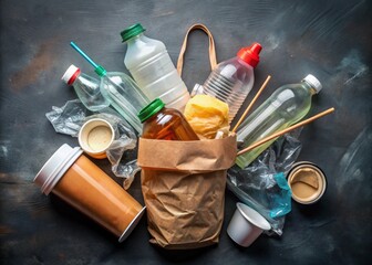 Poster - Plastic Waste Pollution Littered Shopping Bag, Bottle, Cup, and Straw on Dark Backgroun