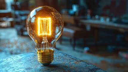Poster - Classic light bulb resting on a table surface evoking thoughts of ideas and bright innovations