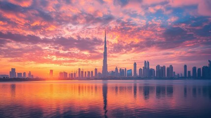 Poster - A city skyline framed by the pastel pink and orange shades of a breathtaking sunset.