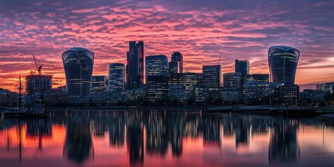 Poster - A city skyline lit by the warm red glow of a sunset, with reflections in the glass buildings.