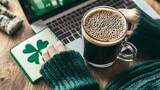 Cozy work environment with hands in a green sweater on a laptop, Irish coffee in a glass mug, and a shamrock-shaped notepad