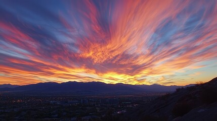 Poster - A cityscape silhouetted against a breathtaking sunset sky filled with streaks of color