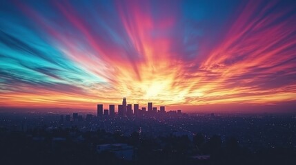 Poster - A cityscape silhouetted against a breathtaking sunset sky filled with streaks of color