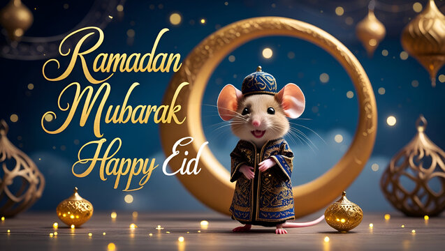 Photo mouse happy ramadan, happy eid, crescent of ramadan, islamic moon, ramadan mubarak and ramadan eid concept.
