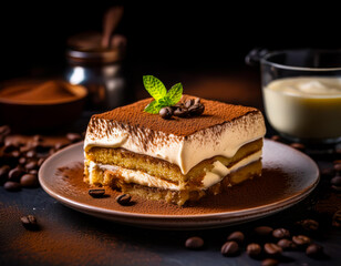 Wall Mural - Classic tiramisu dessert with delicate layers of coffee-soaked sponge cake and mascarpone cream. Decorated with cocoa and chocolate shavings. A perfect combination of flavors and textures.