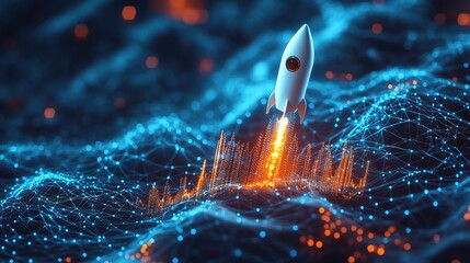 Poster - new project and startup concept with rocket flying up with dotted trajectory above light growth grap