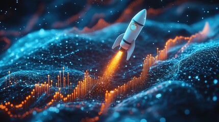 Poster - new project and startup concept with rocket flying up with dotted trajectory above light growth grap