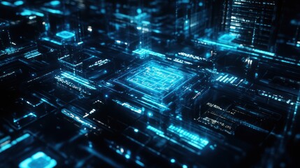 Poster - Futuristic digital circuit board, glowing blue, data processing
