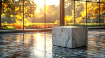 Poster - Solid marble block resting on a tiled floor with an elegant surface and rich textural details