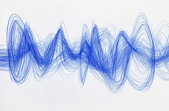 A blue crayon drawing of a sound wave, on a white background
